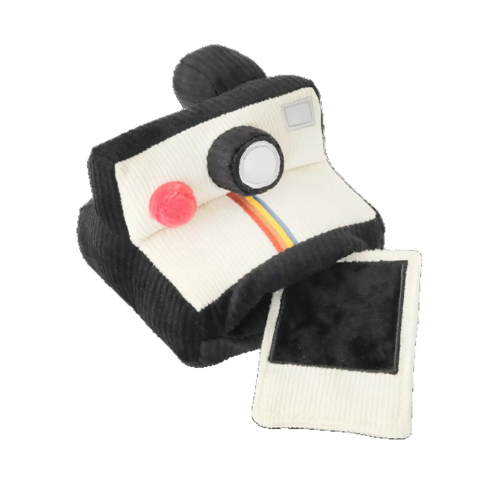 Cute Camera Design Plush Toy with Rainbow and Red Button Detail for Kids