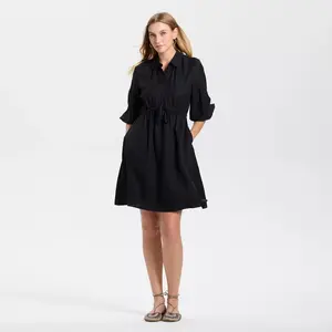 Women's Elbow Sleeve Drawstring Waist Mini Shirtdress - Universal Thread Black L