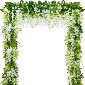 Wisteria Artificial Flower Garland,4PCS Wisteria Hanging Flowers for Wedding Decor,Wedding Arch Flowers,Flower Garland for Backdrop,Fake Hanging Flowers Vines for Wedding Decor( 7.2 FT-White)