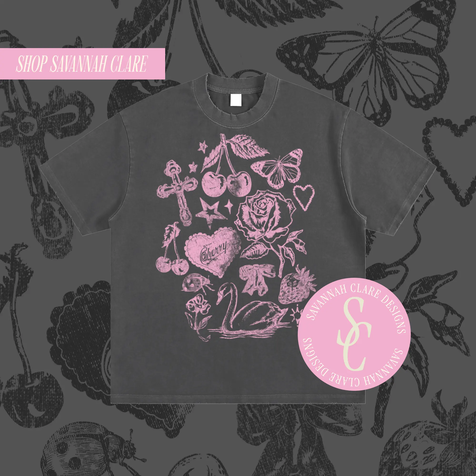 "MY FAV THINGS" Distressed Heavy Weight Tee Grey/Pink