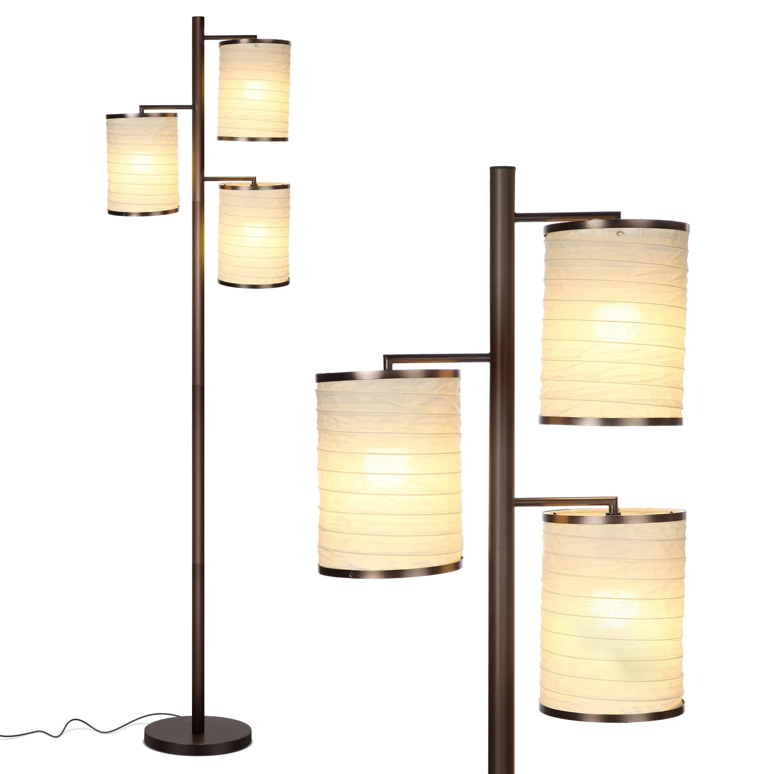 Brightech Liam LED Floor Lamp - Tall Pole Industrial Standing 3-Way Tree Lamp with 3 Decorative Cylindrical Rice Paper Lantern-Style Shades, Classy Contemporary for Living Room, Adults' Mood Lighting (Includes LED Bulbs)