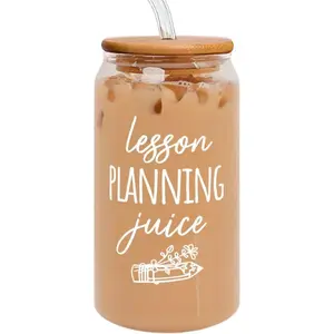 Teacher Appreciation Gifts for Women - Birthday, Valentines, Back To School, Thank You Gifts for Teachers Women - Preschool Daycare Teaching Glass Cup with Lid, Straw & Brush - 16 Oz Can Glass