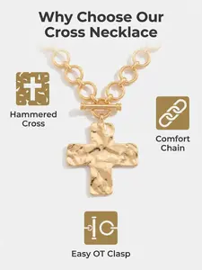 Thick Cross Necklace for Women, Bold Layered Hammered Cross Pendant, Vintage Toggle Clasp, Easter Gift Jewelry