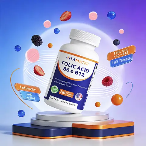 Vitamatic B Complex Vitamins Dietary Supplement - 180 Raspberry Fast Dissolve Sugar-Free Tablets for Adults, GMO/Gluten/Dairy-Free, Made in USA, Supports Heart Health & Energy, Red Blood Cell Function