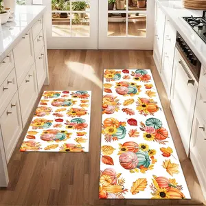 2Pcs Pumpkin Maple Leaf Apple Autumn Autumn Thanksgiving Watercolor Floor Mat Set Farmhouse Anti fatigue Kitchen Carpet Kitchen Restaurant Floor Laundry Room Decoration Carpet Mat