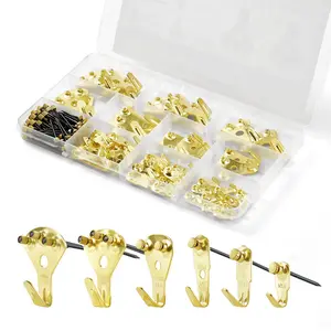 VEVOR 130 Pieces Picture Hanging Kit, 10lb, 20lb, 30lb, 50lb, 75lb and 100lb Picture Hangers, Metal Pictures Hanging Hooks with Nails for Mirror, Painting, Photo Frame on Drywall & Wooden Wall, Gold