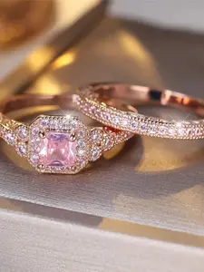 Synthetic Crystal Female Pink Zirconia Sqauarel Stone Ring Set Fashion Vintage Rose Gold Color Bridal Wedding Engagement Jewelry For Women Engagement Rings