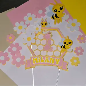 Cuteekitten.Co Abejita Bee Theme Personalized Cake Topper Custom Name Party Decoration Adorable Baby Shower Birthday Décor with Pink Flowers and Yellow Bees