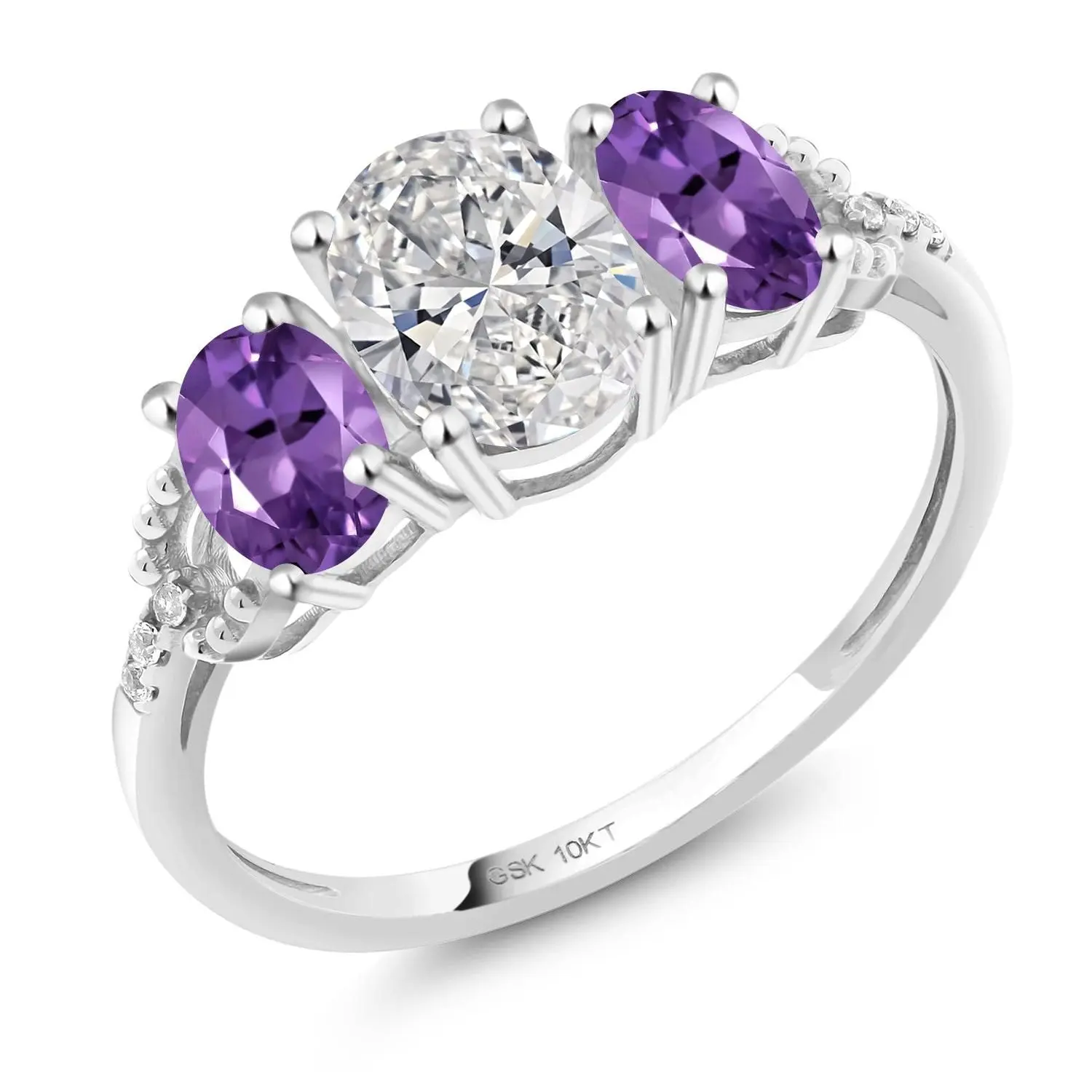 10K White Gold IGI Certified Lab Grown Diamond and Purple Amethyst 3-Stone Engagement Ring | 1.92 Cttw | Center Oval Diamond 1.00 Ct | D-E Color | VS1-VS2 Clarity