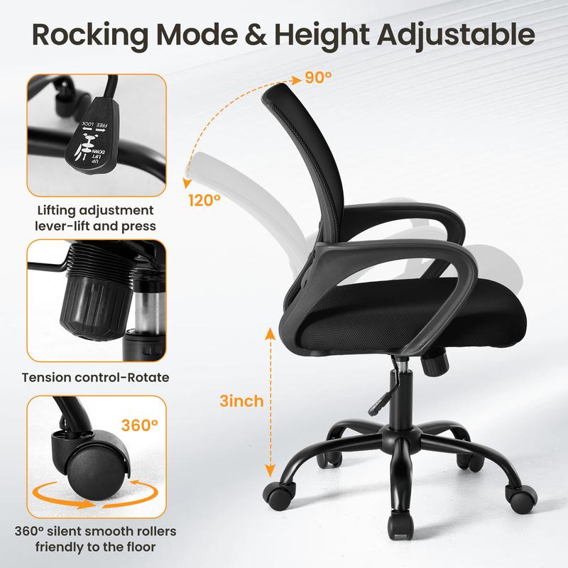 Ergonomic Office Chair with Rocking Mode, Lumbar Support, Height Adjustable, Mesh Back, Quiet Casters for Home Office & Gaming