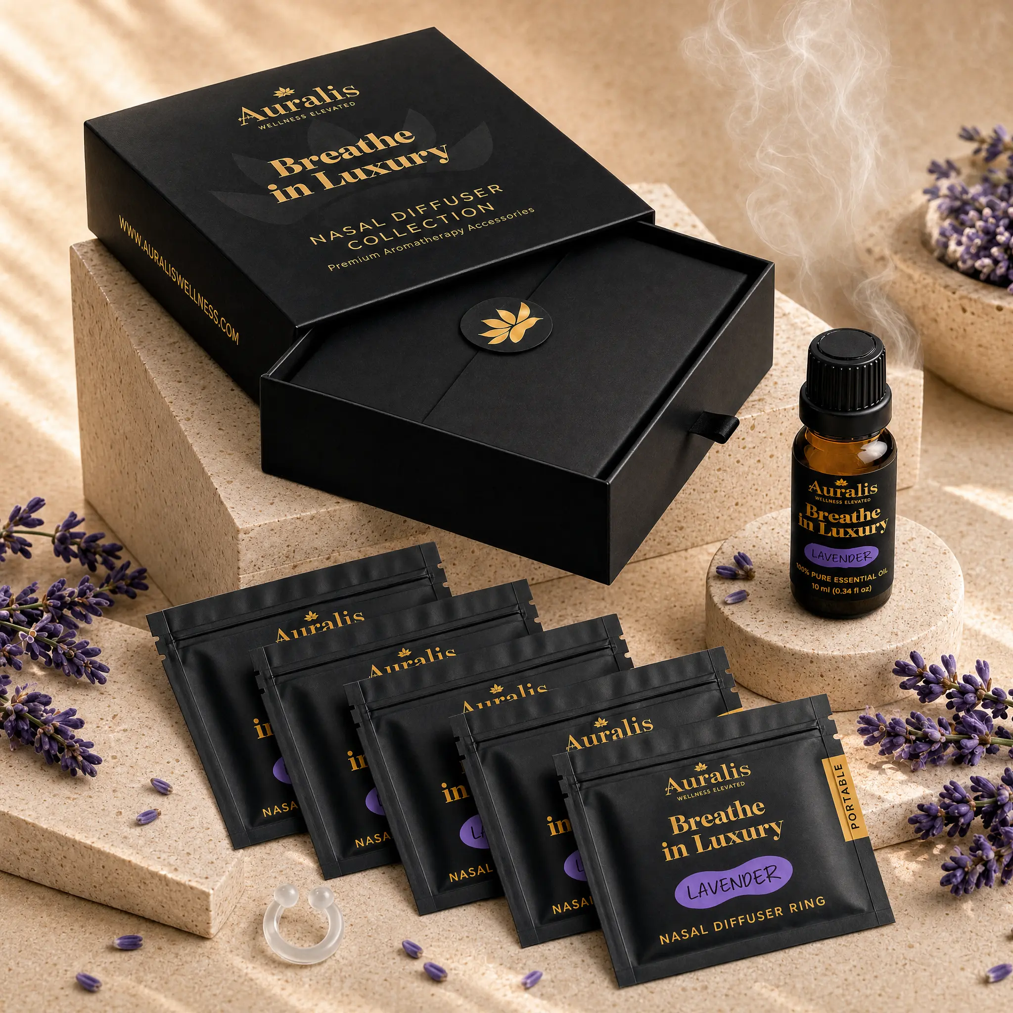 Auralis Signature Set – 10ml Essential Oil & 5 Wearable Nasal Diffuser Rings