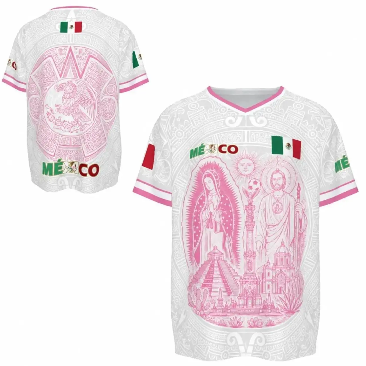 2026 Mexico Shirt - White & Pink Vintage Jersey with Mexican Culture Graphics of Saint Jude & Virgin Mary, Unisex Sportswear Gift for Fans B25EV