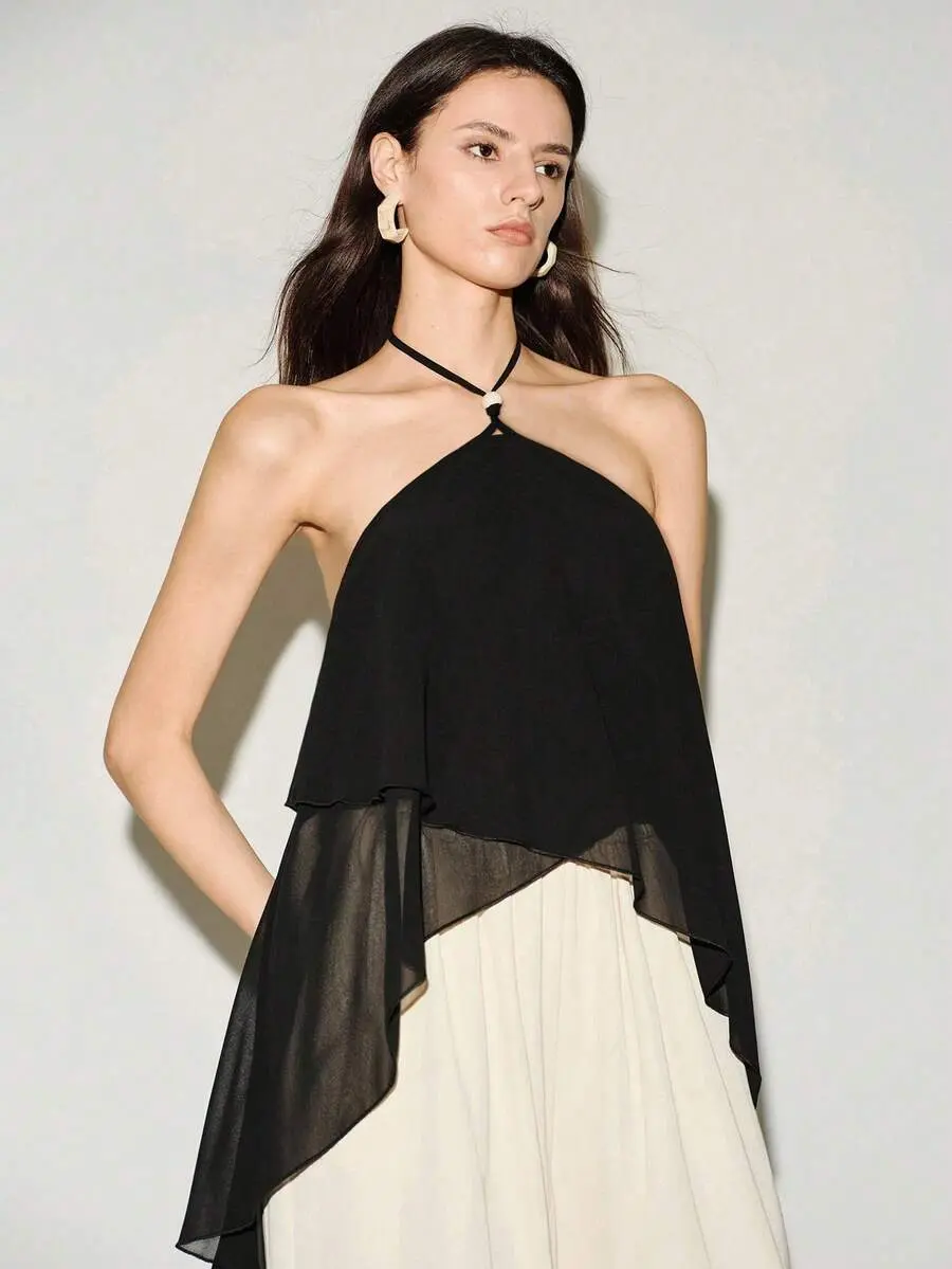 Women's New Chiffon Spaghetti Strap Asymmetrical Hem Backless Tie Casual Sexy Beach Vacation Camisole, Spring/Summer