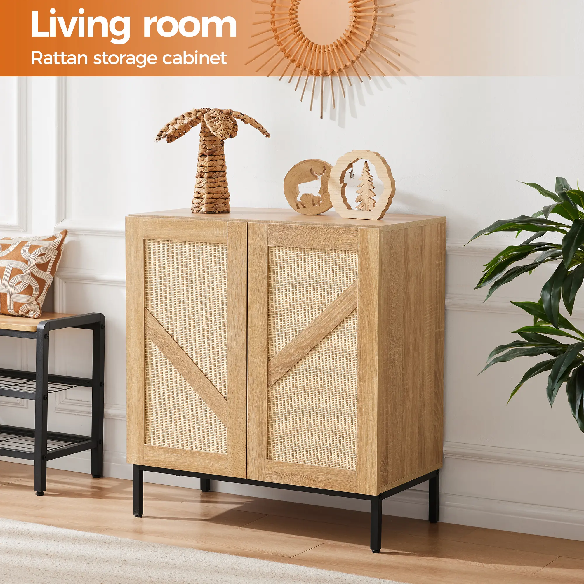 2-Door Natural Rattan Sideboard Buffet Cabinet with Adjustable Shelves - Modern Home Furniture, Wooden Bohemian Storage for Dining Room, Entryway (Coffee Bar Console Table Compatible)