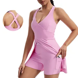 Women's 2-Piece Athletic Dress Set – Flowy Sleeveless Halter Dress with Built-in Spandex Shorts,  Gym Running Outfit, Summer Workout Dress with Pockets for Biking, Yoga & Active Wear