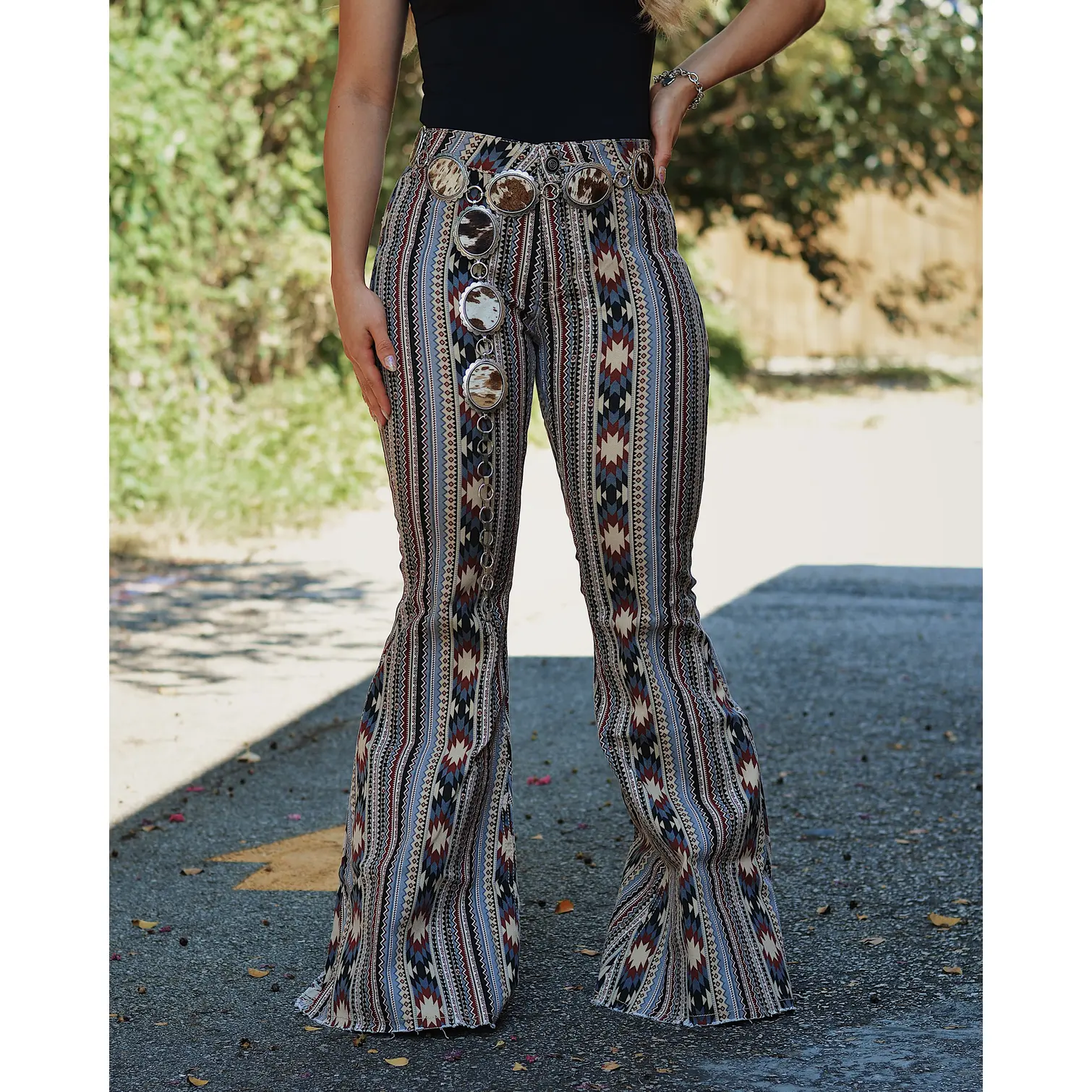 Rock & Roll Denim Ladies High Rise Tan Aztec Bell Bottom Jeans