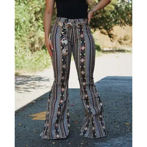 Rock & Roll Denim Ladies High Rise Tan Aztec Bell Bottom Jeans