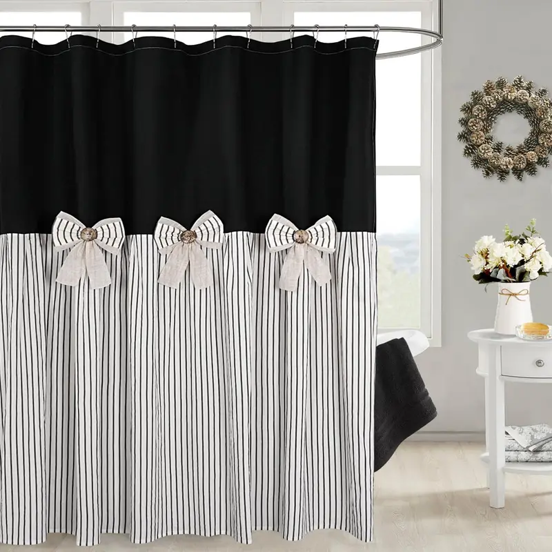 Black Linen Shower Curtain with Stripes Pattern and Bowknot Decorator for Elegant Bathrooms