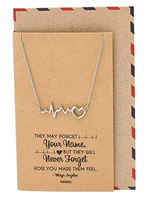Quan Jewelry Women's Gold-Tone Metal Coating ECG Heartbeat Lifeline Pulse Pendant Necklace (1.3"x0.28" in), Female Nurse RN Graduation Gift with Greeting Card, Casual Daily All-Seasons Wear for Nurses