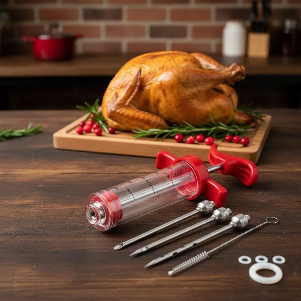 1-oz Plastic Meat Injector Syringe Kit - Perfect for Thanksgiving Turkey, BBQ & Grill Cooking, Includes 3 Stainless Steel Needles, 3 Replacement O Rings & 1 Cleaning Brush