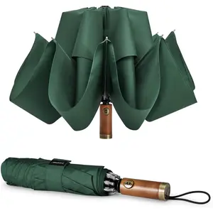 54 Inch Inverted Windproof Umbrella with Wooden Handle, Large Auto Open & Close Golf Umbrella, & Rain Umbrella for 2 people, Fits Car & Backpack