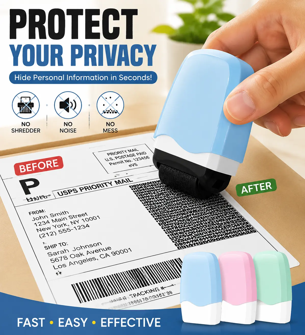 Identity Theft Prevention Roller Stamp, Privacy Protection Tool for Confidential Document Security (Home Supplies Accessory)
