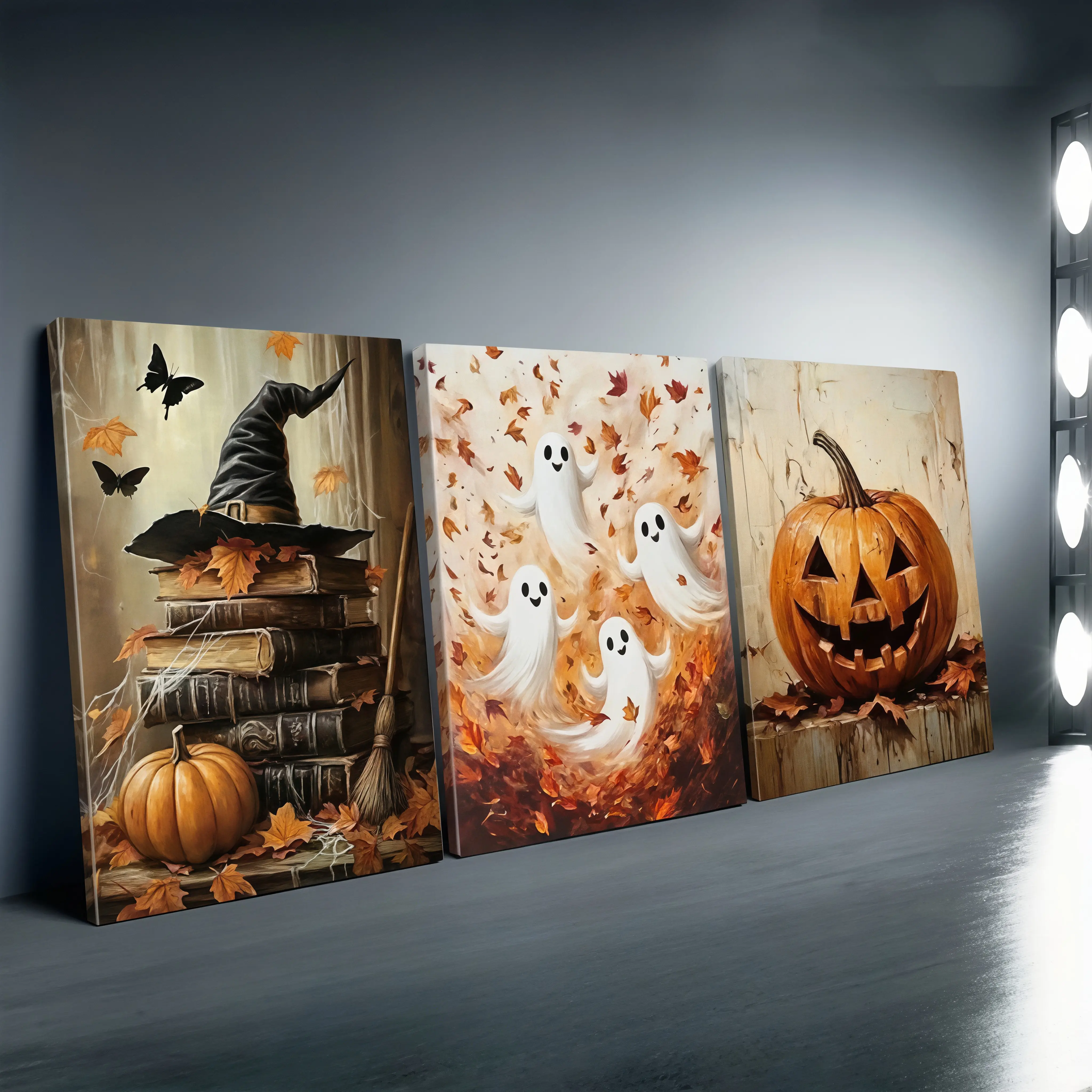 3PCS frameless canvas wall art, classic Halloween style，HD waterproof printed abstract home decor, ideal for living room & bedroom decoration, perfect Halloween essential and thoughtful housewarming gift.
