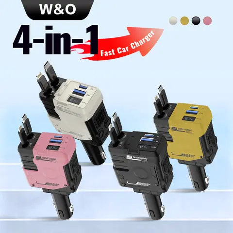 W&O Updated 2PCS Compact Super Fast Car Charger Set - 4-in-1 Type C Adapter with Dual USB Ports, Retractable Lightning Cable, 200g, 4cm*8cm*18cm, On-the-Go Automotive Accessory for Mobile Phones & Smart Devices