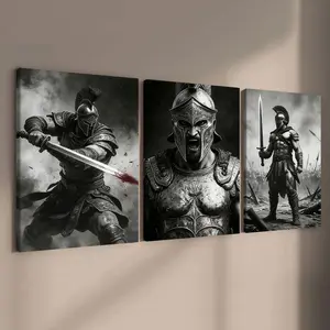 3-Piece Wooden Framed Canvas Art, Spartan Warrior Theme Poster, Greek Warrior Gaming Room Decor, Modern Home Wall Art, Waterproof