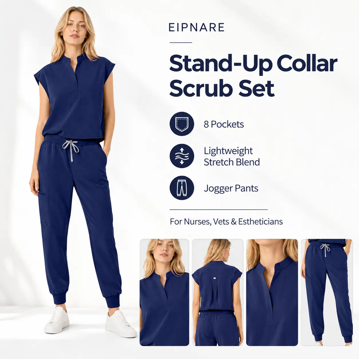 EIPNARE Scrubs for Women Set, Sleeveless Stand-Up Collar Scrub Top & Cargo Jogger Pants with 8 Pockets, Lightweight Stretch Fabric, Drawstring Waist, Wrinkle-Resistant Medical Uniform for Nurses, Vets & Estheticians