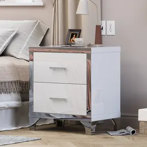 High Gloss Mirrored Nightstand with 2 Drawers,Modern End Table with Drawers,Mirrored High Gloss Wood Nightstand Metal Handle Bedside End Table for Bedroom, Dorm,Living Room,White