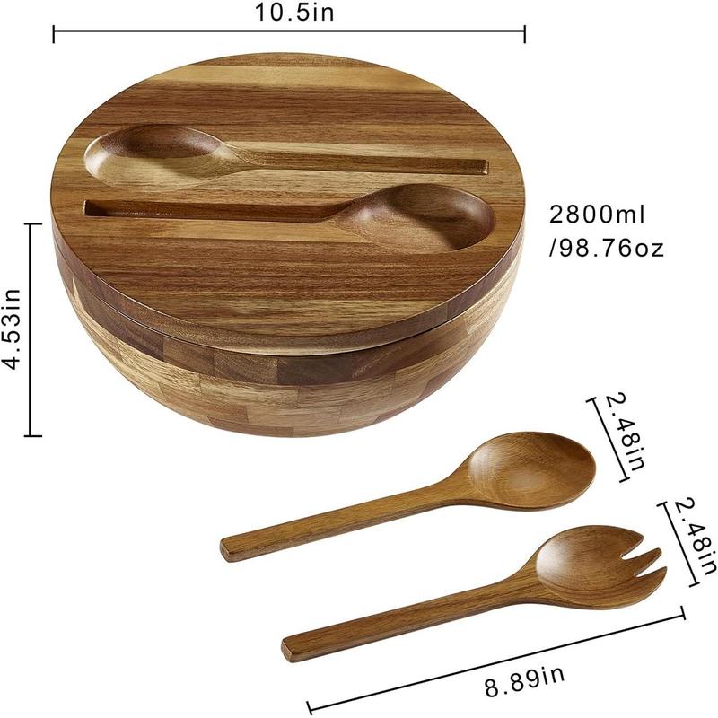 Acacia Wood Salad Bowl Set with Lid, 10.5" Large Serving Bowl, 4-Piece Set with Reversible Lid, Built-in Wooden Fork & Spoon fruit bowl Tableware
