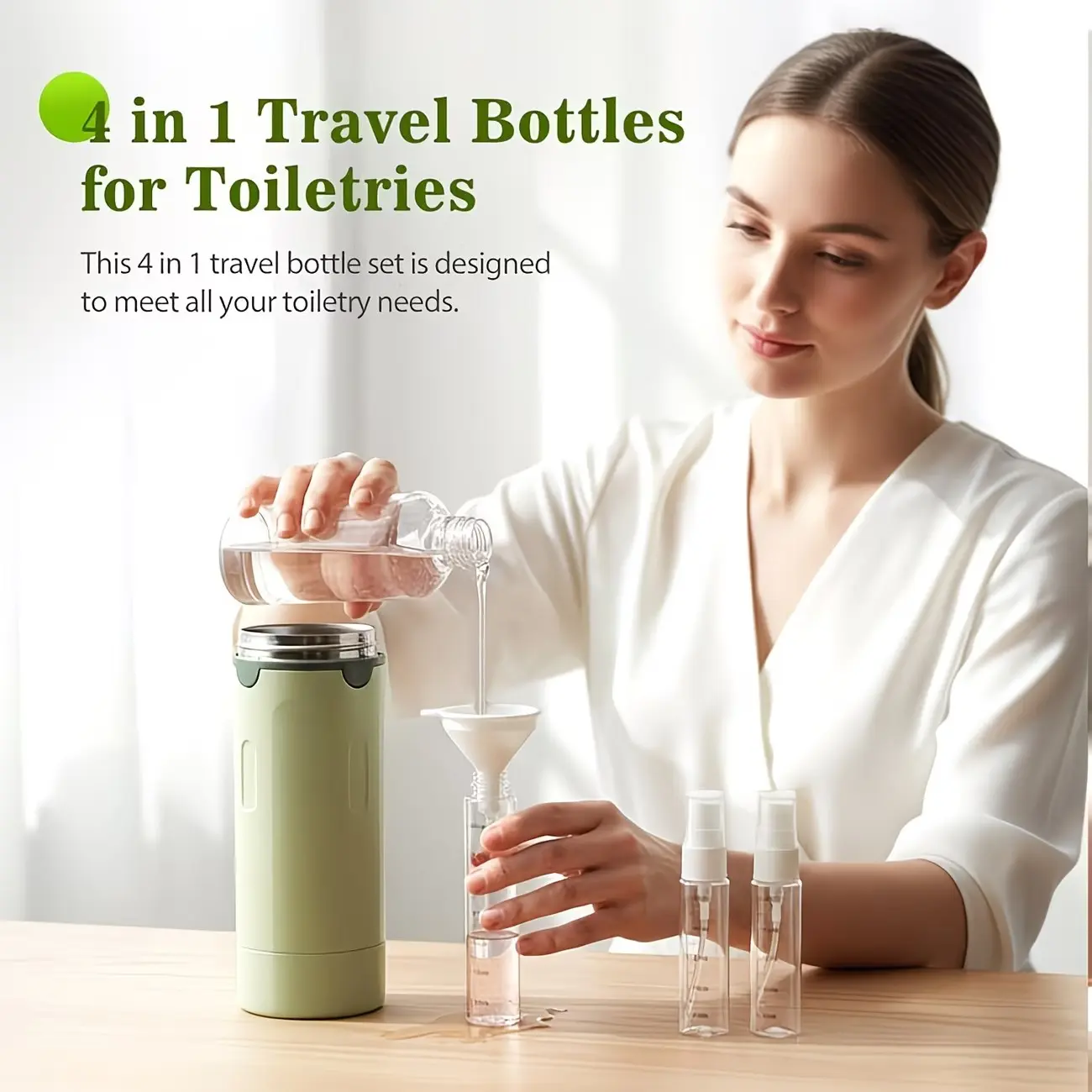 Travel 4-in-1 Wash Bottle, Toiletries Storage Bottle, suitable for shampoo, conditioner, lotion, skincare and cosmetics. 4-in-1 pump dispenser, Organiser, Removable Canister, refillable squeeze liquid container, essential travel-sized empty bottles.