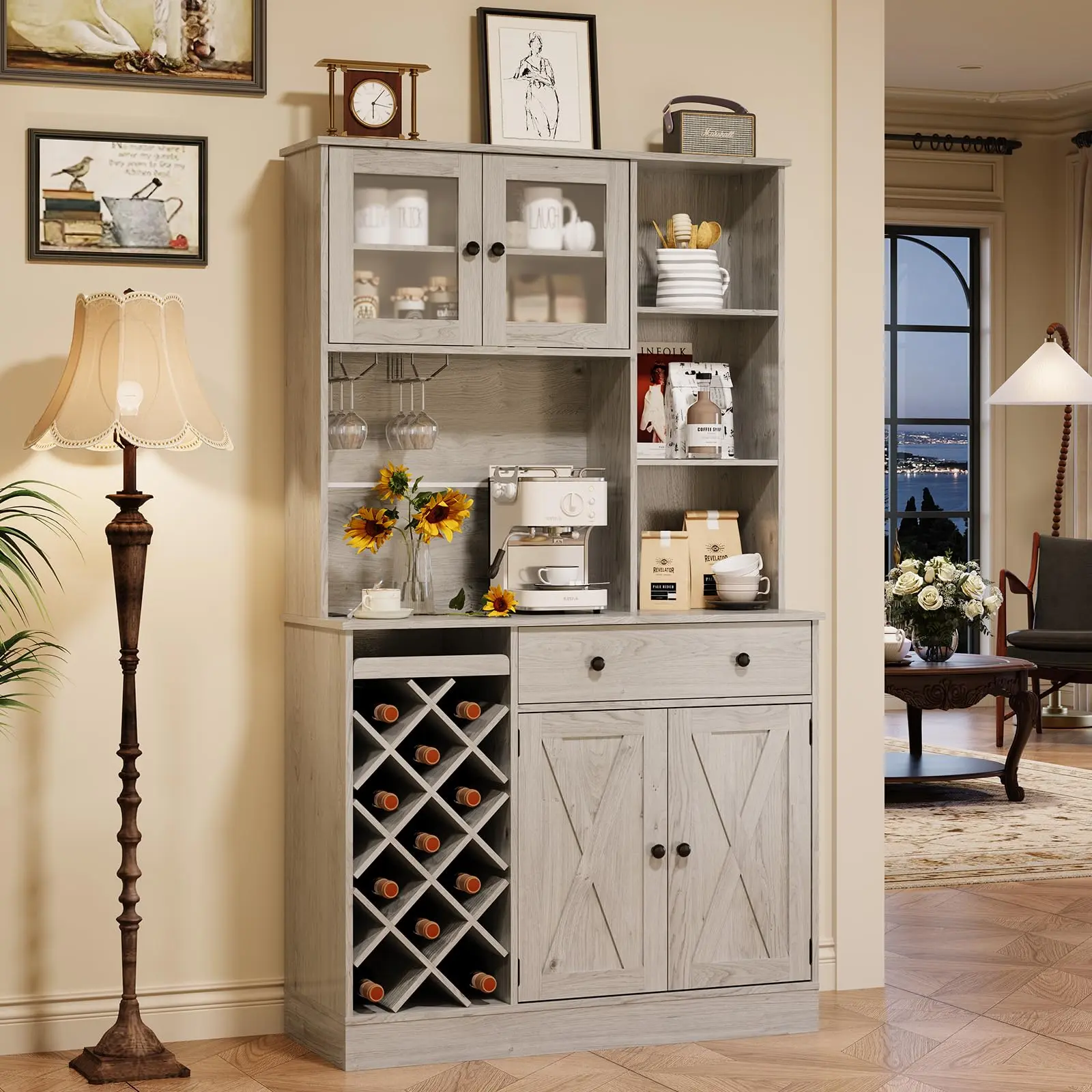 Garvee Coffee Bar Cabinet with Power Outlet & Exquisite Barn Doors, Sideboard Buffet Cabinet with Wine Bottle Rack, Storage Cabinet for Kitchen, Dining Room