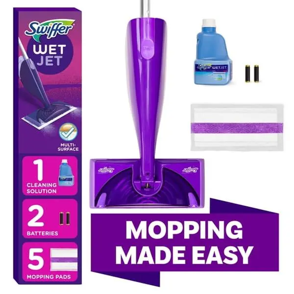 Swiffer Wet Jet with Refill, Unscented, 1 Handle + 1 Solution & 5 Pads (Battery Included)