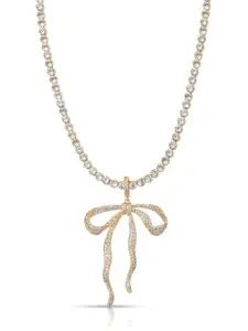 Ettika Pave Bow Tennis Necklace 18k Gold-Plated Brass with Cubic Zirconia Bow Pendant 12.5" Length with 5" Extender Chain Clasp Closure