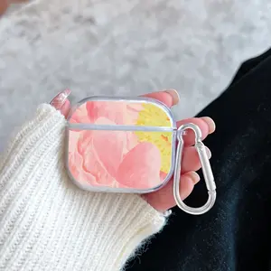 Pink Peony Dream Pattern TPU Soft Protective Case for Apple AirPods 4/3/2/1/Pro/Pro2 Transparent Earphone Cover with Keychain Attachment