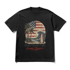 Stars Stripes Tides Coastal Freedom Vintage Americana Beach Graphic Cotton T-shirt, Crewneck Soft Top Short Sleeve Casual TShirt