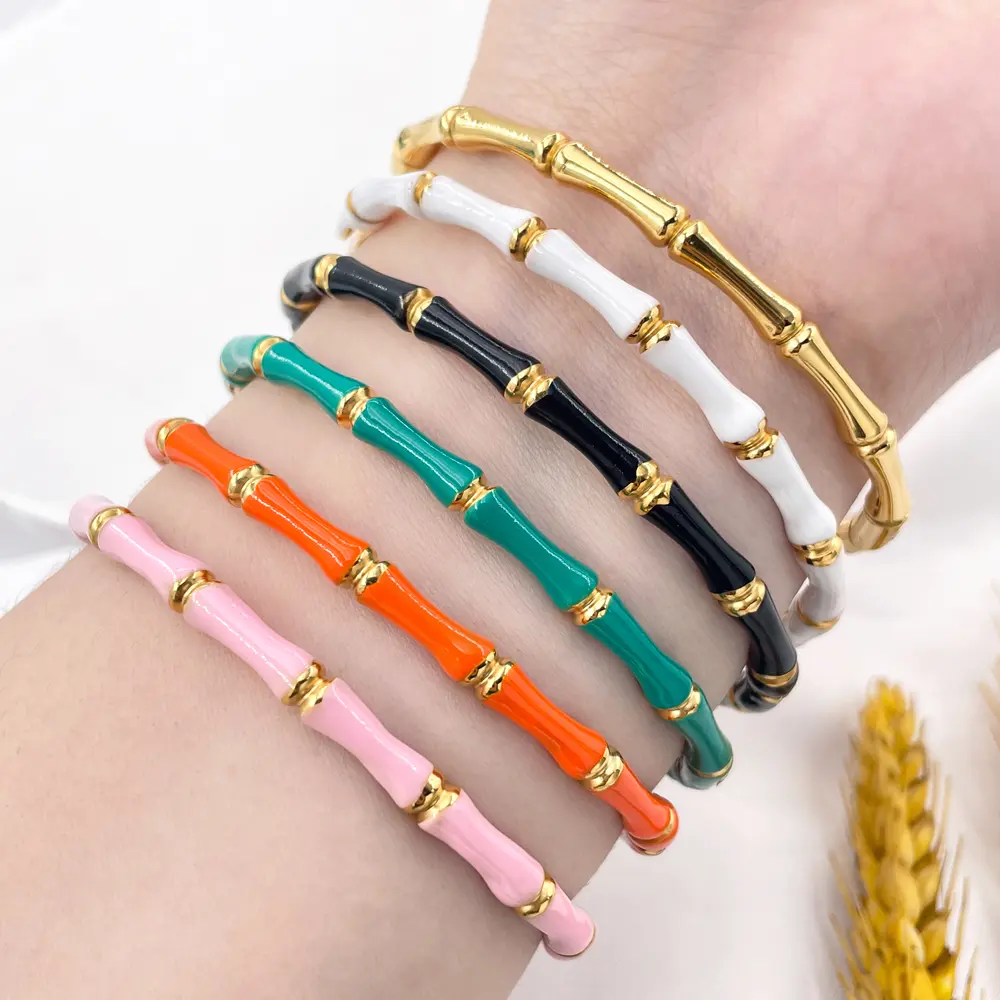 Fashion Bamboo Knot Design Bracelet 18k Gold Plated Stainless Steel Bamboo Bangles Colored Glazed Valentines Bangle Gift