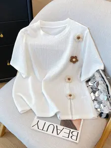 Sweet Textured Knit Top, 3D Flower Embroidery, Side Tie Detail, Loose Fit, Casual Summer, Floral Pattern, Women