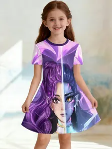 Girls' 3D Short Sleeve Dress, Blue Kpop Full Print, Summer Party Wear, Perfect for Holidays, Birthday Gifts