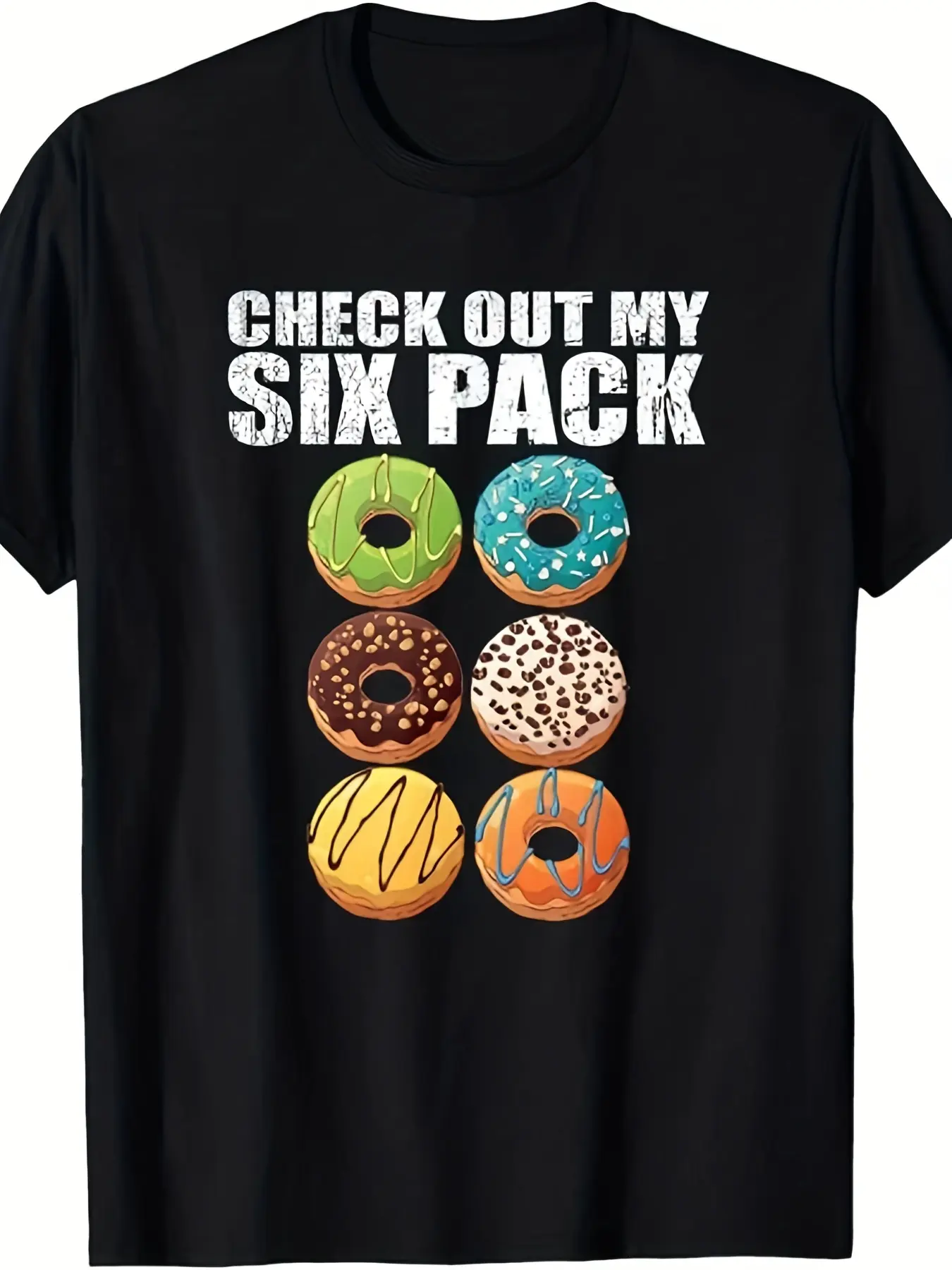 Men'S Funny "Check Out My Six Pack" Donut Graphic T-Shirt - Retro Humor Gym Tee with 6 Colorful Donut Design, Soft Breathable, Comfort Fit Casual & Workout Shirt for Casual Attire (Sizes S-3XL) - Funny Fitness Apparel for Donut Lovers