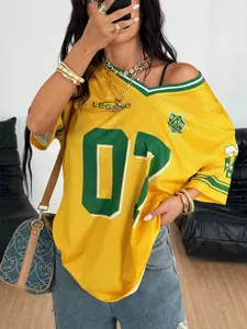 Women's Summer Casual Mesh Patchwork Print T-Shirt, Casual Loose Tee, Style, Number 07 Print, Fashionable Loose Fit Sporty Short Sleeve Top, Streetwear