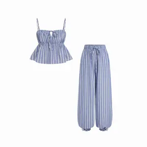 Cider Cotton-blend Stripe Square Neck Peplum Top & Mid Rise Jogger Pants Set