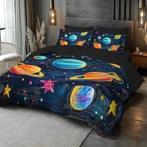 3-Piece Hand-Drawn Universe Planet Print Decorative Bedding Set, Soft Polyester Cotton Fabric, Includes 1 Fitted Sheet & 2 Pillowcases, Home Decor, Bedroom Bedding Set