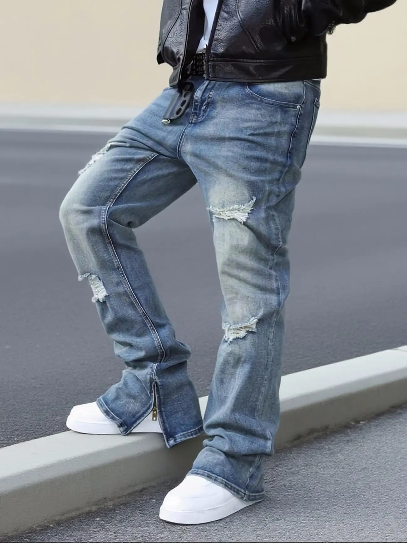 Men'S Straight-Leg Distressed Jeans - Mid-Rise, Stretch Blend, Leg Zipper Design, Street Style, Ripped Details, Comfortable And Versatile, Suitable Trendy Outfits, Stylish Long Pants Slim-Fit Jeans Durable Fabric