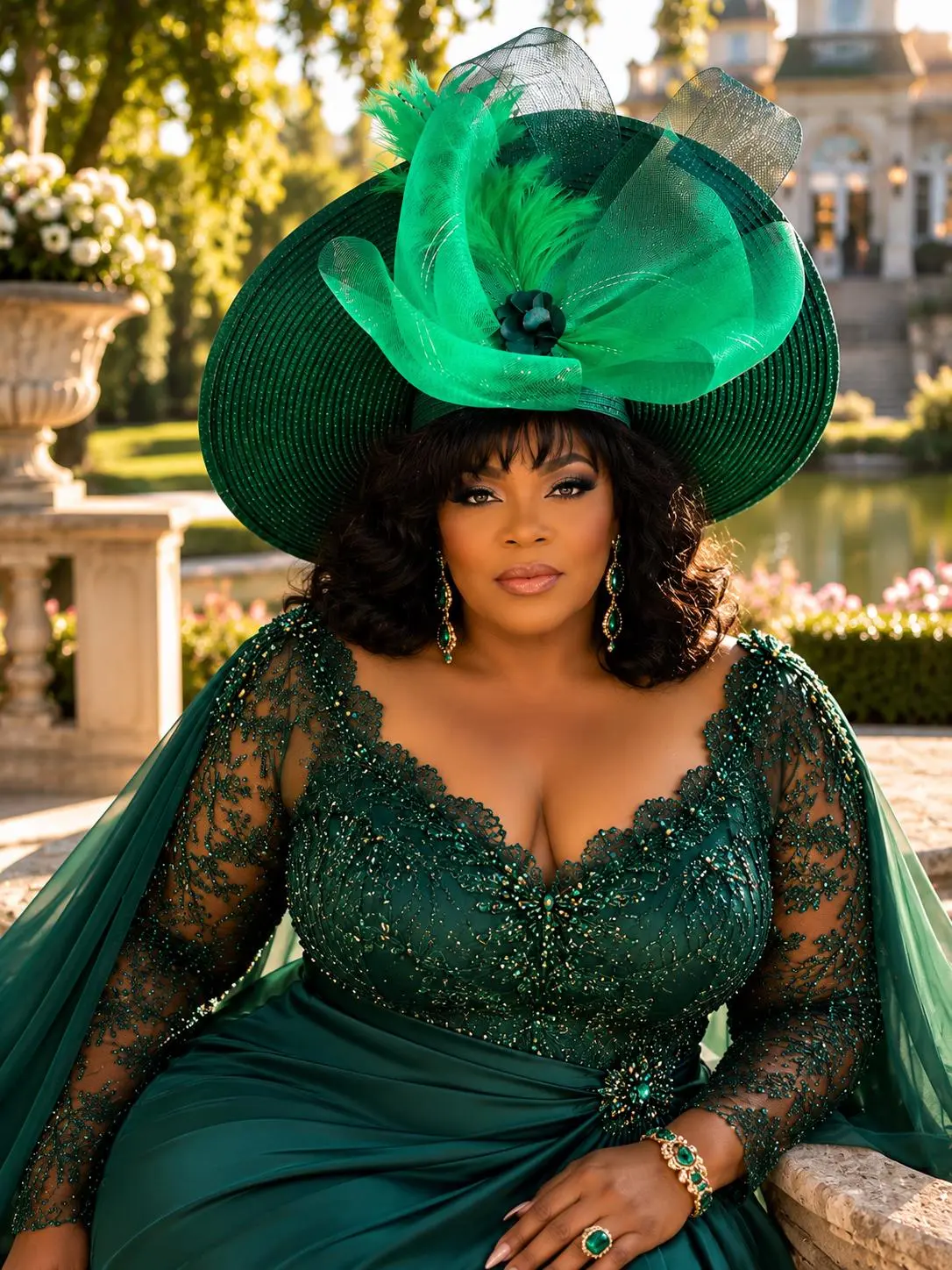 Emerald Green Couture Wide Brim Hat, Gold Crystal Trim, Statement Wedding Guest Derby Hat