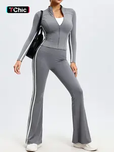 Women's Sportswear Set, Zipper Jacket & High-Waisted Pants, Striped Design, Casual Wear & Running, Athleisure Wear Set, Slim Fit, Long Sleeve, All Seasons