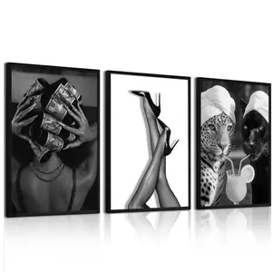 3pcs/set Leopard Fashion Poster Leopard Match Sexy Women And Leopards Fashion Wall Art Canvas Painting Print Nordic Poster Room Decor, Frameless