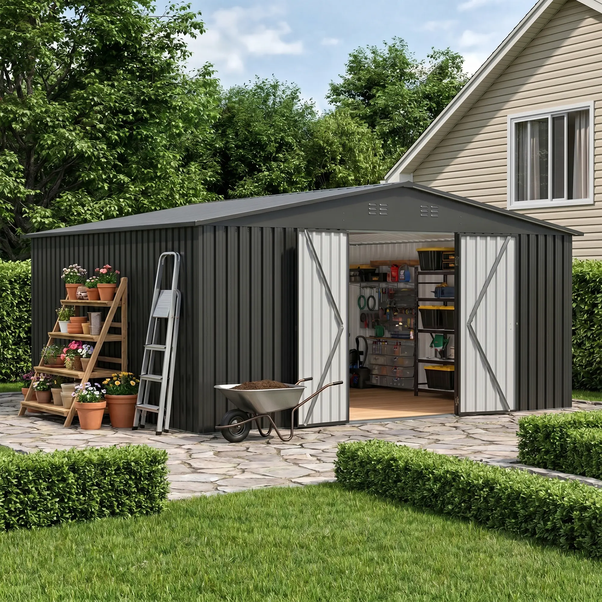 MNLR Steel Outdoor Shed (8x8/14x12 FT Metal), Lockable Doors, Sturdy Frame, Double Rainproof Sunproof Roof, Metal Panels for Lawn & Garden Backyard Storage